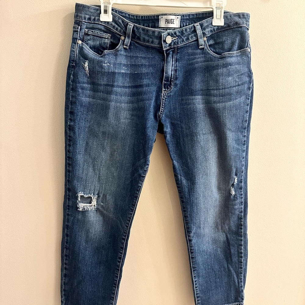 PAIGE Blue Ankle Cropped Jeans with Distressed Details